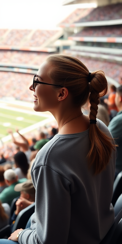 Attractive female NFL fan, pigtail hair, cheering with friends, inside crowded bleachers, NFL stadium