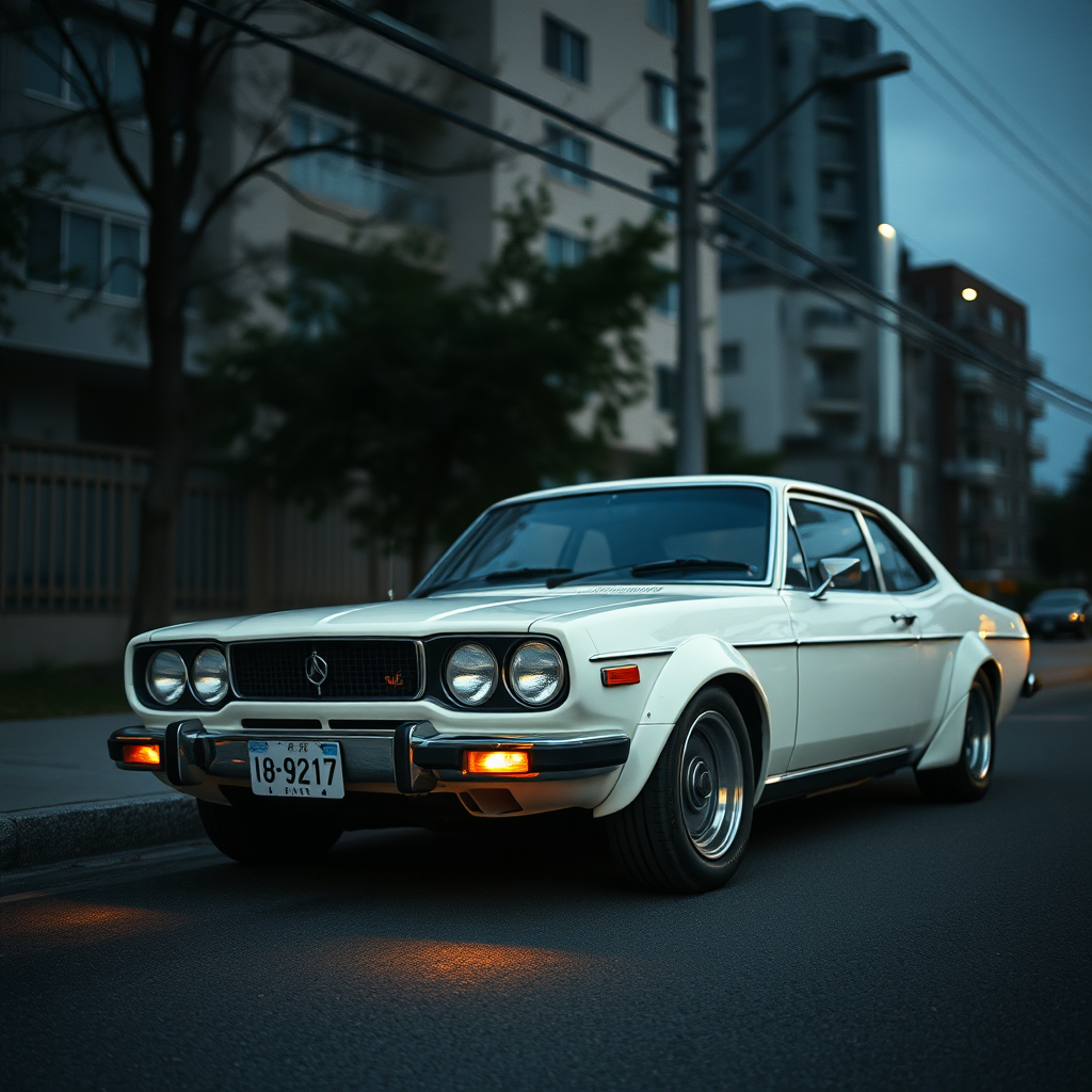 the car is parked on the side of the road, inspired by Taiyō Matsumoto, tumblr, restomod, nd4, c4 a white car is driving down the street, a picture, unsplash, shin hanga, 70's, looking regal and classic, fuji lut, poorly lit, mazoku, devils, lada, lowres, iso 500, backlighted, foam, vehicle photography, frank fanzzeta, 1 2 k, japanese, single light, basic, italian masterpiece