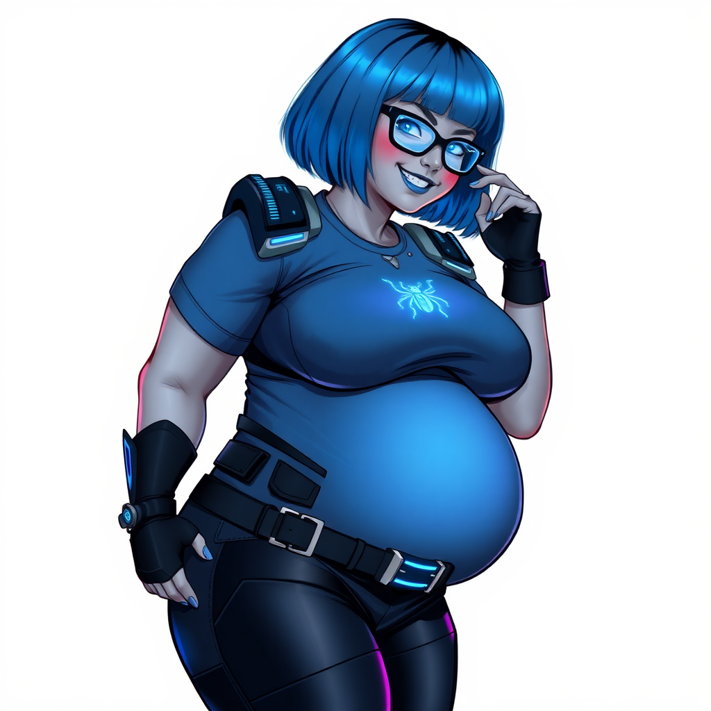 A 28-year-old, full-figured, middle gray-skinned computer program hybrid with a maximum blue bob cut. She has a non-athletic build, highlighted by a prominent, round, large midsection (with emphasis on her belly), which shows the aftermath of her pampering. As the heavily pampered digital sidekick to her cyberpunk vigilante boyfriend, her middle gray metallic skin and maximum blue lipstick emphasize her digital nature. She wears a digital, computerized costume inspired by DC’s Carrie Kelly Robin, consisting of a huge, tight-fitting, maximum blue t-shirt with a neon blue glowing chest icon of a beetle, hi-tech shoulder pads with neon blue accents, a black hi-tech belt with a digital neon blue glowing buckle, digital maximum blue biker pants with neon blue accents, and black hi-tech fingerless biker gloves with neon blue glowing accents. Her neon blue glowing eyes, black eyeglasses with a neon blue glowing HUD built into the lenses, and shy smile with neon red blush accentuate her nerdiness. She stands bashfully with one hand behind her back and the other hand gently touching her cheek, her costume covering all her skin and emphasizing her full-figured physique (especially her belly). She is clearly non-athletic, with a focus on her full-figured physique. Despite her build, she radiates beauty. She has a slim face compared to her physique, accentuating her radiant beauty. She is on a solid white background. She is drawn as if she were in a retro 2D cyberpunk fighting game.