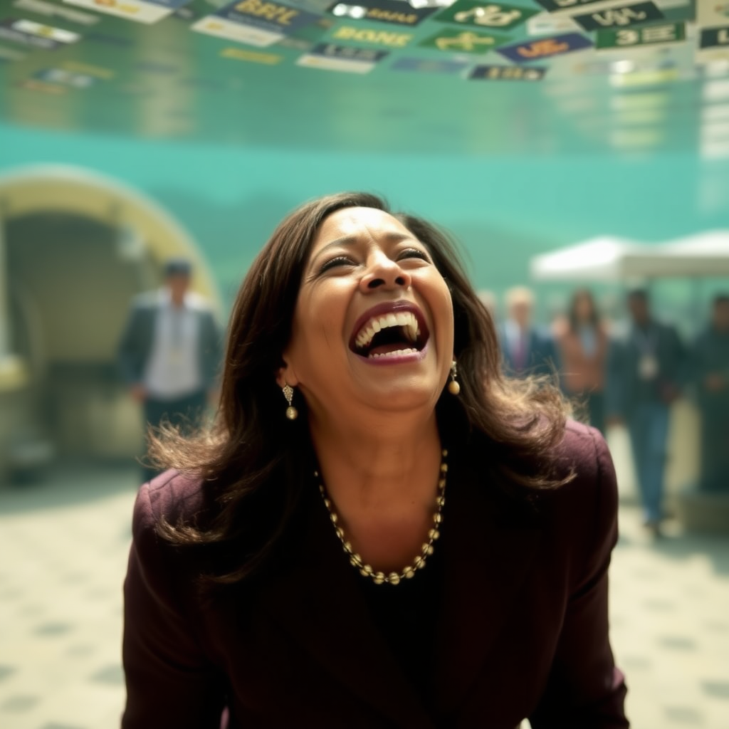 Kamala Harris lookalike laughing plaice. Capture "Agent Kambala"