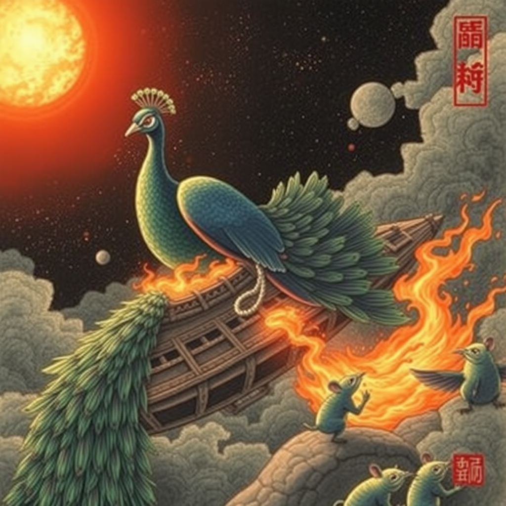 A peacock saving cyber-rats from a burning spaceship, Chinese woodcut,