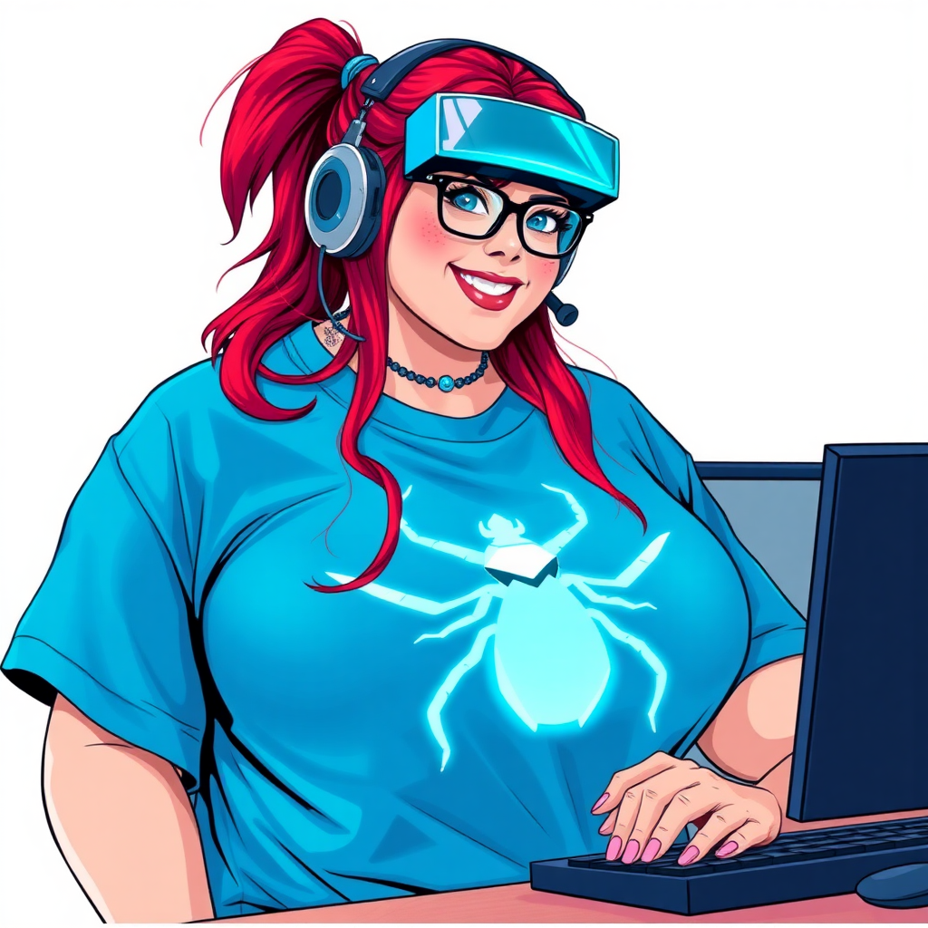 A cyberpunk vigilante’s full-figured intelligent and tech-savvy 29-year-old girlfriend, who is a computer hacker and tech genius. She has a long ruby red ponytail and bright blue eyes. She wears a sapphire beetle gemstone necklace, and an oversized maximum blue t-shirt featuring a giant neon blue glowing icon of a beetle on its chest. She has a full-figured physique with a prominently, gargantuan, well-rounded midsection, reflecting her well-cared-for lifestyle. She sports a sapphire headset with hi-tech maximum turquoise lensed HUD visor, black eyeglasses, and a beaming smile with a passionate bright red blush. Despite her figure and a lack of self-esteem, she radiates an air of beauty. She has a slim face which contributes to her radiant beauty. She serves as his tech expert from his hideout, diligently working at her lab table and computer desk. The background is solid white. She is drawn as if she was in a retro 2D cyberpunk fighting game.