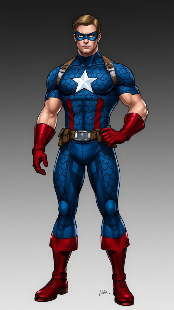 Create a full-length image of Steve Rogers with the feminine body traits of Snow White, excluding the head. Maintain and adjust his iconic blue, scale-patterned suit and red gloves to fit the new proportions. Depict a muscular yet graceful physique, with broad shoulders tapering to a narrow waist, and toned arms and legs. Ensure the character's hips and chest are curved to reflect Snow White's silhouette, while preserving the athletic build of Captain America.