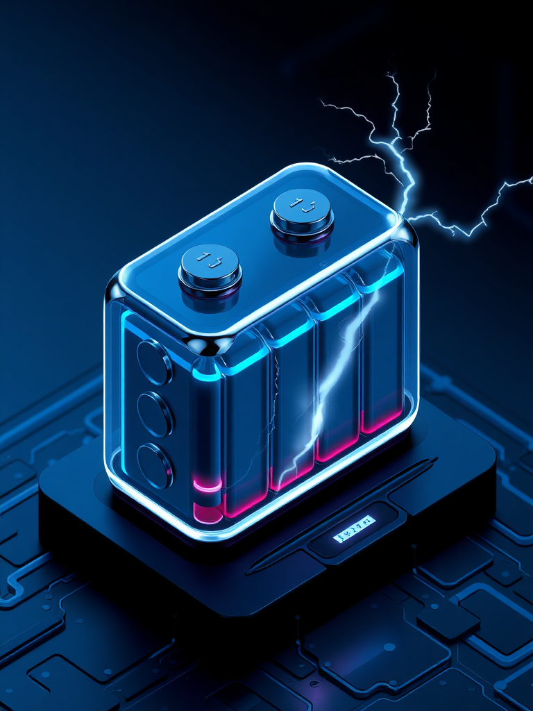 Create an image with precise expression using realistic 3D lettering, express a secondary battery cell, create an isometric view, draw the Tesla phenomenon (lightning) occurring in the battery, and express the background in a cybernetic and luxurious dark blue.