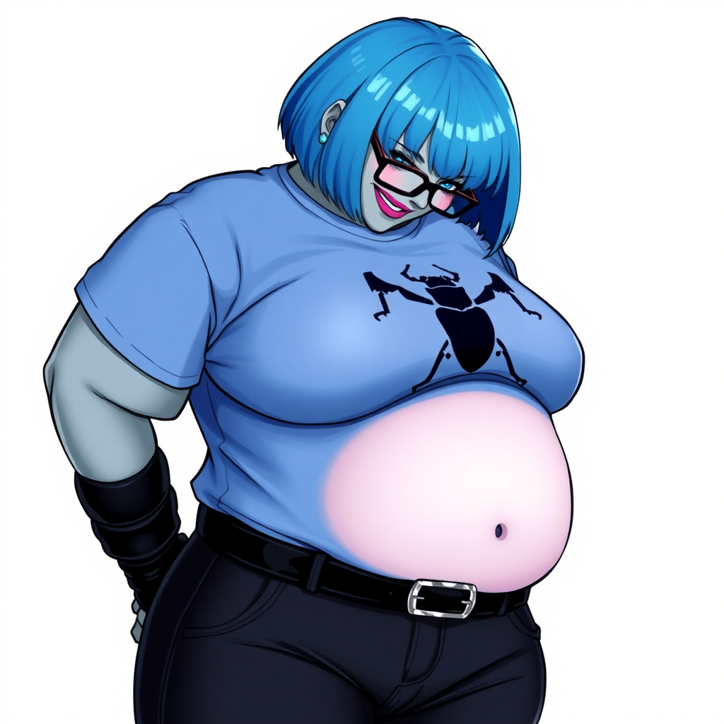 A 28-year-old, full-figured, metallic middle gray skinned computer program hybrid with a short maximum blue bob cut. She has a non-athletic build, highlighted by a prominent, round midsection (with a focus on her round belly). As a digital sidekick to her cyberpunk vigilante boyfriend, her middle gray metallic skin and maximum blue lipstick emphasize her digital nature. She wears a huge, tight-fitting, maximum blue t-shirt (accentuating her belly) with a black chest icon of a beetle, black pants, a black belt with a sapphire scarab buckle, and black gloves. Her bright blue eyes, black eyeglasses, and shy smile with neon red blush accentuate her nerdiness. She bashfully bows her head (while still facing the screen) with her hands behind her back, her t-shirt covers her midsection (especially her belly) and emphasizing her full-figured, non-athletic physique. She is on a solid white background. She is drawn as if she was in a retro 2D cyberpunk fighting game. She is clearly non-athletic, with a focus on her full figure. Make sure her outfit covers all of her bare skin (especially her midsection).