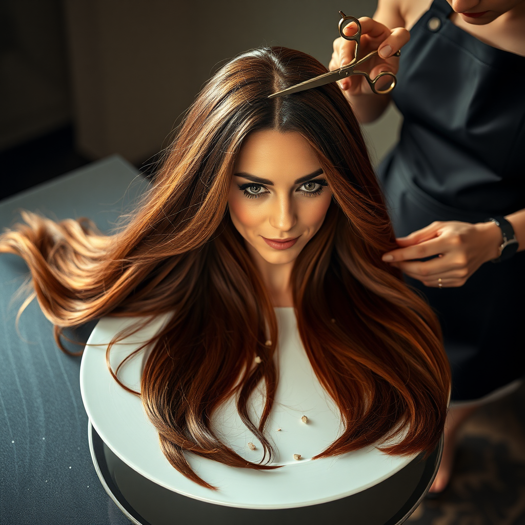 In a bizarre, surreal tableau, the polished surface of an elegant dining plate cradles the disembodied head of a strikingly beautiful Kate Middleton, her long, flowing hair cascading like a glossy waterfall of deep chestnut and honey highlights. The hair is luxuriously arranged, strands shimmering under the soft, ambient light that bathes the scene in an ethereal glow.

A skilled hairdresser, clad in a sleek black apron, stands poised with a pair of gleaming scissors, carefully trimming the endlessly luxurious locks that frame Kate's serene, almost ethereal features. The air is thick with the scent of salon products mingling with delicate hints of floral fragrances, creating an unusual yet strangely inviting atmosphere. The hairdresser's focused expression reveals a meticulous dedication as snippets of hair fall gracefully onto the pristine plate, echoing a sense of both artistry and absurdity.

The overall emotional tone conveys a dreamlike quality, inviting viewers to ponder the juxtaposition of beauty, identity, and the bizarre circumstances that bind them in this extraordinary moment.