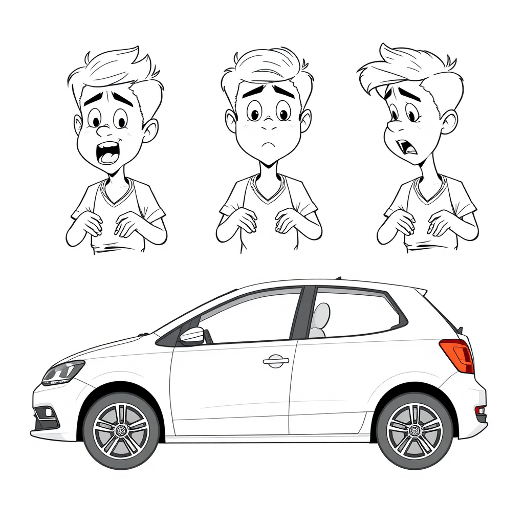 multiple views with progression, character design sheet, short, excited, embarrassed, sweating, 15 year old european boy, detailed features, sitting in a white VW Polo V long establishing shot, 2D, caricature, cartoon, Sketch lines, coloring book, coloring book style on white background, well composed, clean coloring book page, No dither, no gradient, strong outline, No fill, No solids, vector illustration, side view, vector illustration, empty space around each view, movement lines