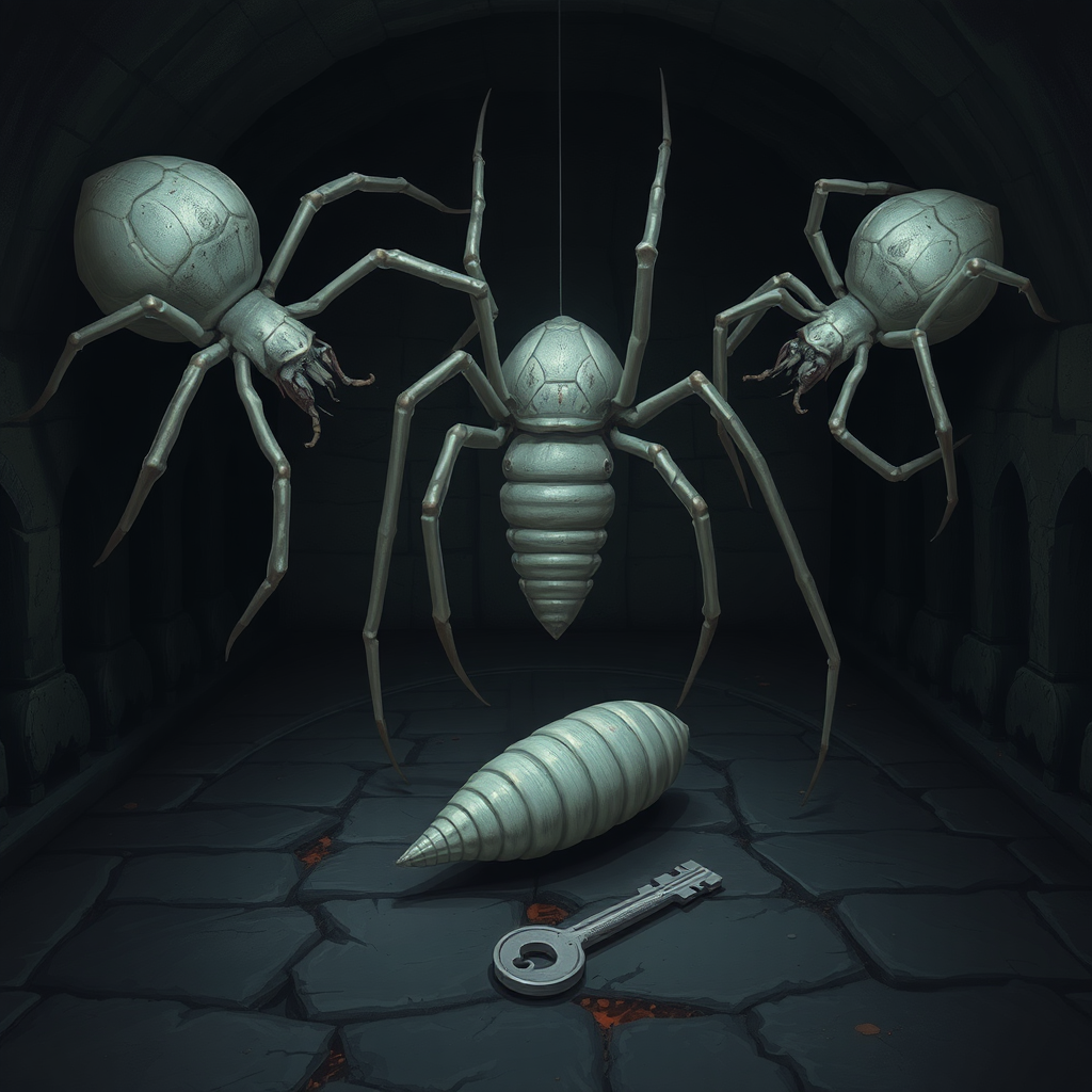 A dark basement medieval cellar with two large white spiders with red highlights crawling around and a long cocoon in the center of the floor with a silver key sitting beside the cocoon.