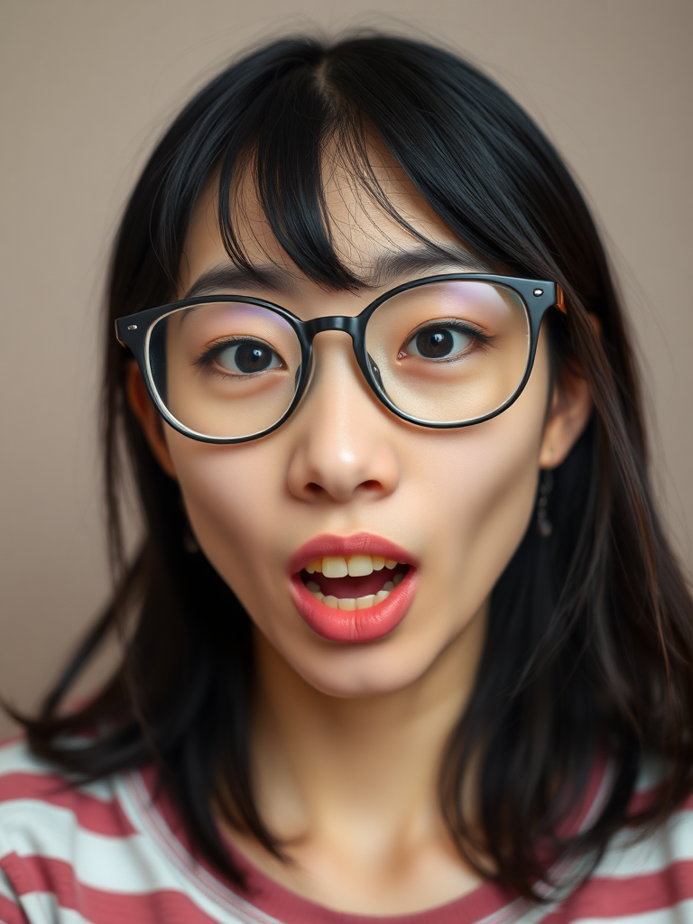 real casual photo, japanese nerdy skinny woman with big nose, big mouth, big yellowish teeth, moles, big eyeglasses and medium hair, retarded