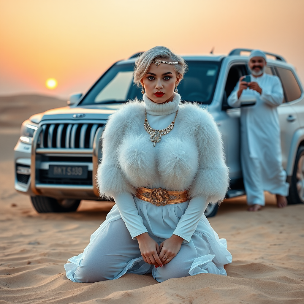 Kuwait desert dunes misty dawn, full size luxury SUV: Melissa, European 17 years old very convincing femboy “trophy-bimbo”, tamed servile docile, very beautiful feminine flawless face, rather short, by hormones very curvaceous womanly figured, platinum blond short tight curls, bold red lips, heavily made-up face, wearing Supertanya-style fluffy very fuzzy bright white angora turtleneck-poncho cropped ending under bust decorated with pearls and gemstones, striking oriental wide gold bridal protection belt, white fully transparent harem pants, full Oriental bridal jewelry with striking headpiece, full Oriental face-jewelry, striking diamond “$$$” letter brooch on left chest, pout frustrated, hands tied behind back, kneeling in sand in front of SUV, looking at camera. Focus on face and turtleneck-poncho. Standing behind leaning against SUV: older overweight mighty sheik laughing taking pictures with mobile phone.