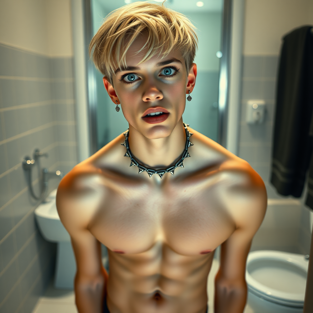 photorealistic, ultra high resolution, 16K, surreal fantasy, soft studio lighting, Caleb Swift is a pretty 16 year old goth male, slim male physique, blonde hair, blue eyes, goth makeup, earrings, tan & black vertically striped pantyhose, spikey neck collar with chain, standing on the floor of the bathroom, excited mouth, bulging crotch, full body front view of Caleb facing the camera.