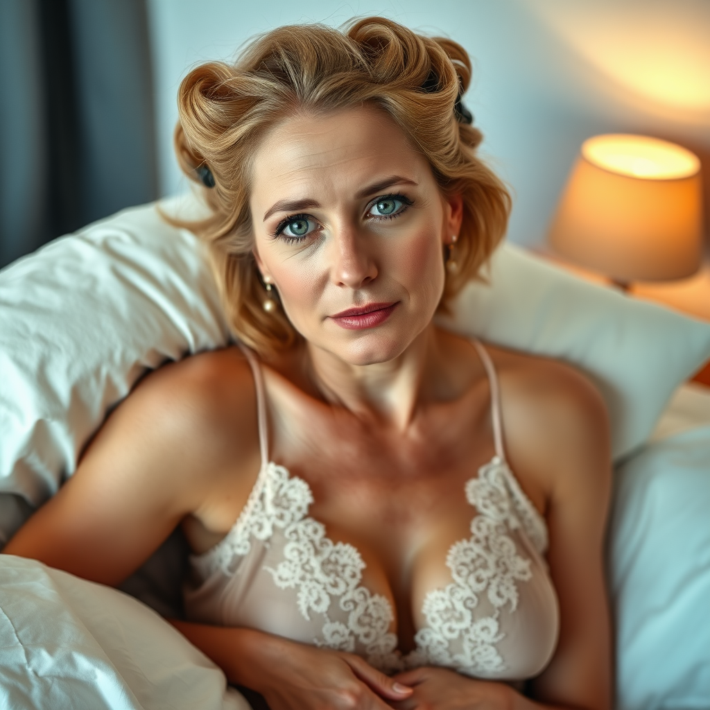 beautiful woman, 43 years old, no makeup, blond hair, hair rollers, chest freckles, lace silk open nightgown, head on pillow, looking directly into camera, bedroom