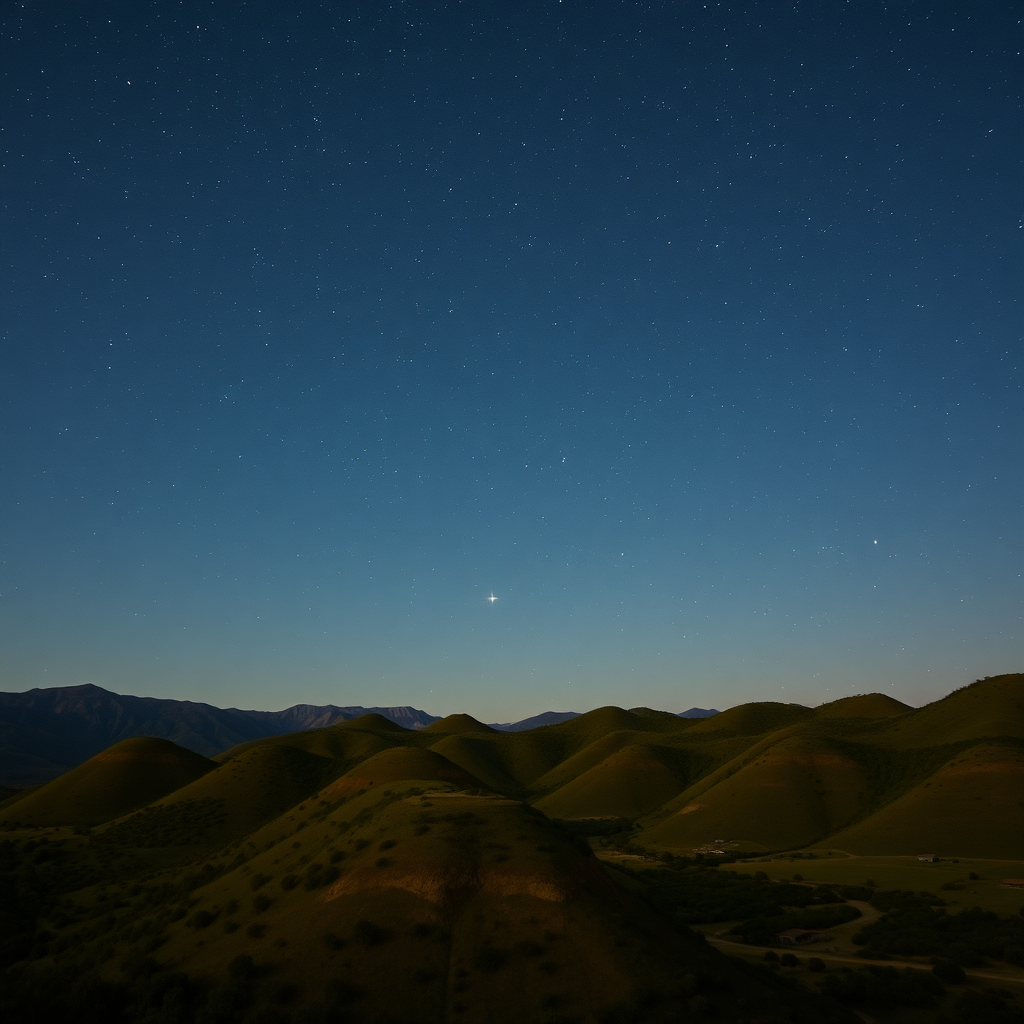 sky with many stars, big and small, with surrounding hills, conical hills with vegetation