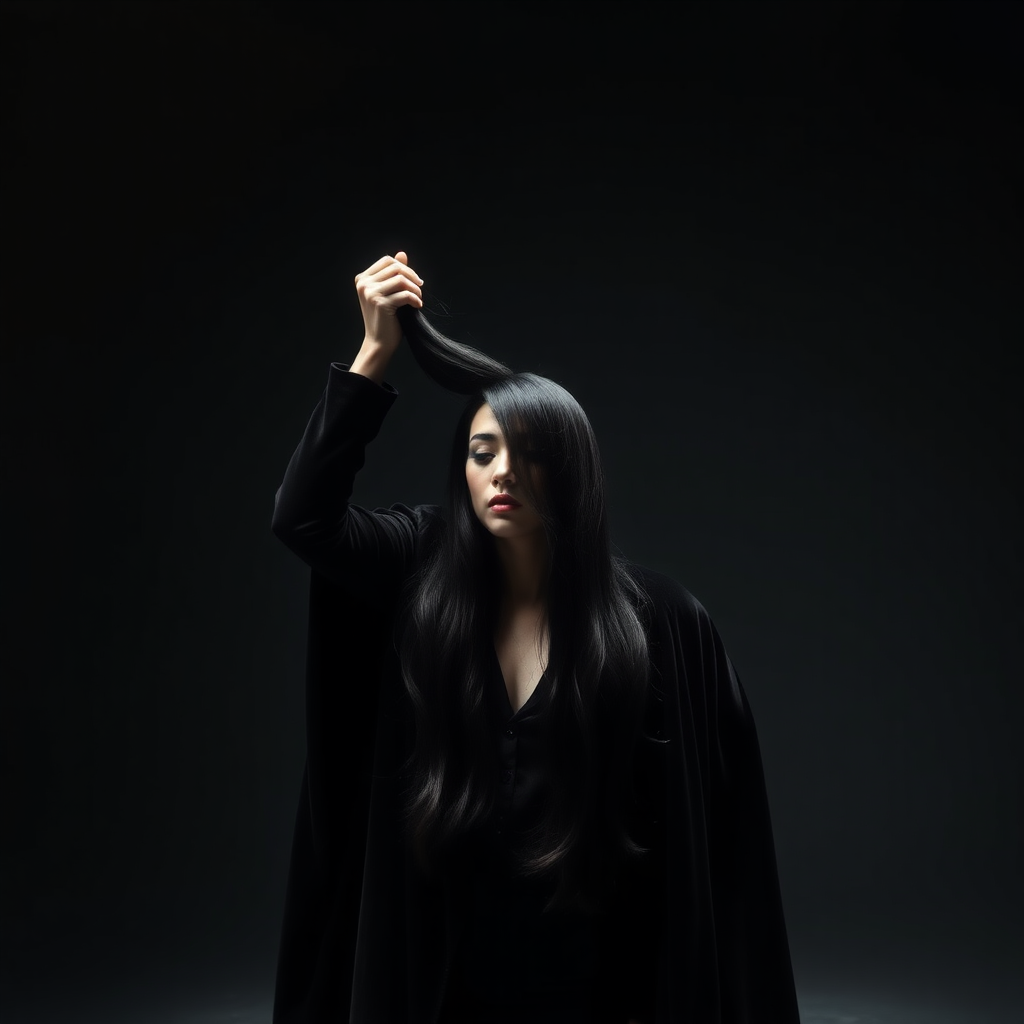 In a dimly lit performance space, the atmosphere is charged with an eerie tension as a magician dressed in a dramatic black velvet cloak executes a chilling illusion. The spotlight shines down, illuminating the stark gray backdrop that envelops the scene in a minimalist aesthetic. At the center, he reveals the severed head of a stunning female magic assistant, her long, flowing hair cascading like silken waves around her lifeless face. The contrast of her vibrant, raven-black locks against her ivory skin creates a haunting tableau.

He grips her hair with a commanding hand, raising her head to the camera with unsettling arrogance, his fingers entwined within the strands as though they are an extension of his own power. As he leans down to plant a lingering kiss on her lips, an air of macabre intimacy hangs heavy in the room, eliciting gasps from an unseen audience, their breath collectively held in awe and horror. The subtle rustle of fabric accompanies his movements, and the faint scent of the magician’s musky cologne permeates the air, mingling with a hint of intrigue.

Dark, dramatic shadows dance across the plain setting, heightening the surreal quality of the performance, as if time has momentarily frozen in this poignant, yet grotesque moment of magic and mastery. The silence is palpable, broken only by the soft thud of the magician’s heart echoing in his chest, a rhythm that underscores the uncanny artistry of his illusion.