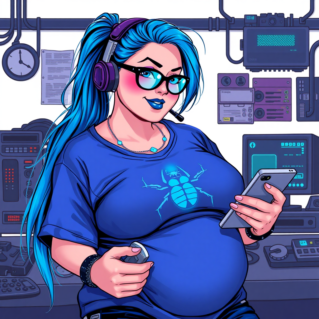 A cyberpunk vigilante’s full-figured intelligent and tech-savvy 28-year-old girlfriend, who is a computer hacker and tech genius. She has a long maximum blue ponytail. She wears maximum blue lipstick, blue eyes, a sapphire beetle gemstone necklace, sapphire earrings, black eyeglasses, and an oversized maximum blue t-shirt featuring a blue sapphire gemstone crusted chest icon of a beetle. She has a full-figured physique with a prominent, massive, round belly, reflecting her well-cared-for lifestyle. She sports a sapphire headset with a hi-tech maximum turquoise lensed HUD, and a shy smile with a neon red blush. She serves as his tech expert from his hideout, diligently working at her workbench and computer desk, while holding an electronic wrench and a holographic computer tablet. The background is solid white. She is drawn as if she was in a retro 2D cyberpunk fighting game. Ensure her maximum blue t-shirt covers her belly.