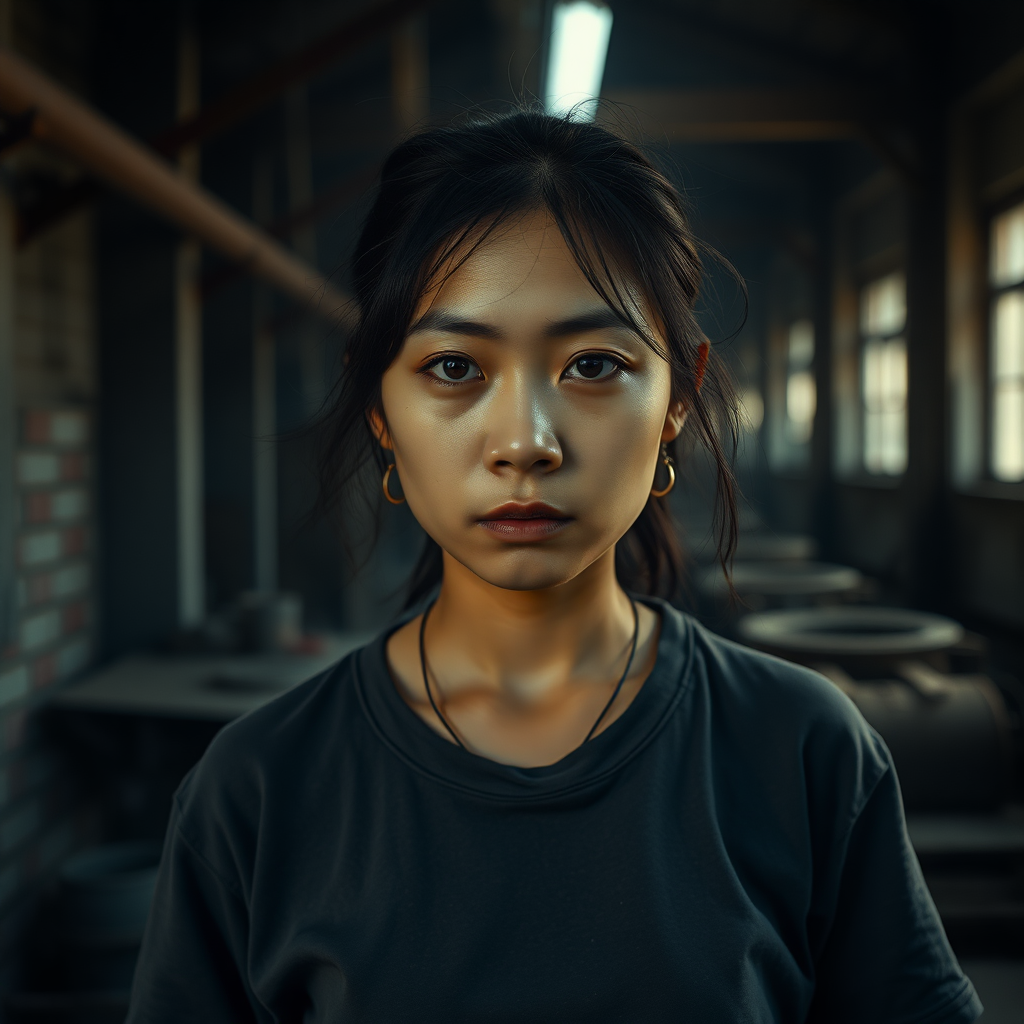 A very sad and hungry young Asian woman with a very old T-shirt in a very dark old and mysterious factory.