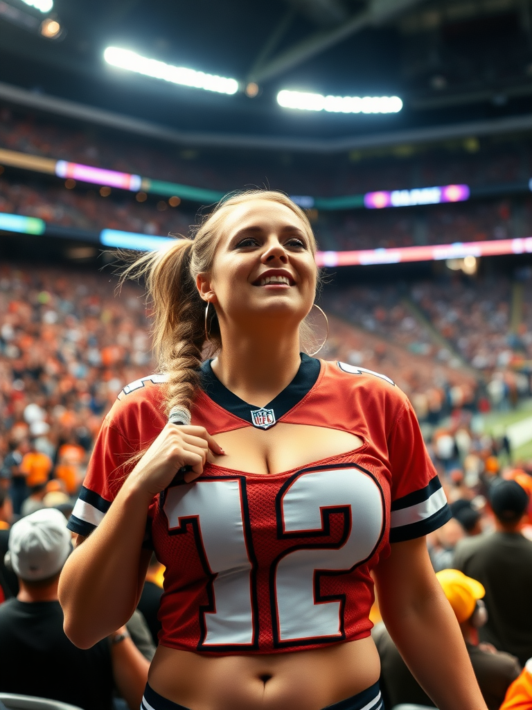 Extremely attractive female NFL fan, pigtail hair, jersey, big breasts, reacting to intense moment, inside crowded NFL stadium