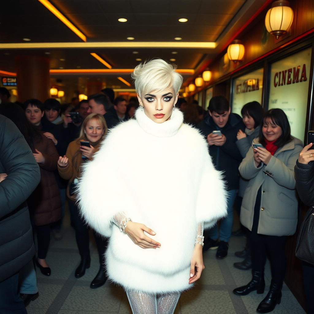 1990 winter evening, crowded cinema lobby: Sam, 19 years old beautiful involuntary femboy, rebellious intractable character, short petite boyish figure, platinum blond boyish rebel punk hairstyle, flawless heavily made-up face with sharp arched tattooed eyebrows, wearing Supertanya-style fluffy very fuzzy bright white angora thigh-length turtleneck-poncho fully covering body and arms, silver-glitter leggings, black leather high-heeled pumps, silver earrings, puzzled alarmed, pout serious, impatiently waiting for her master. Other taller visitors watching laughing taking pictures. Full view of scene.