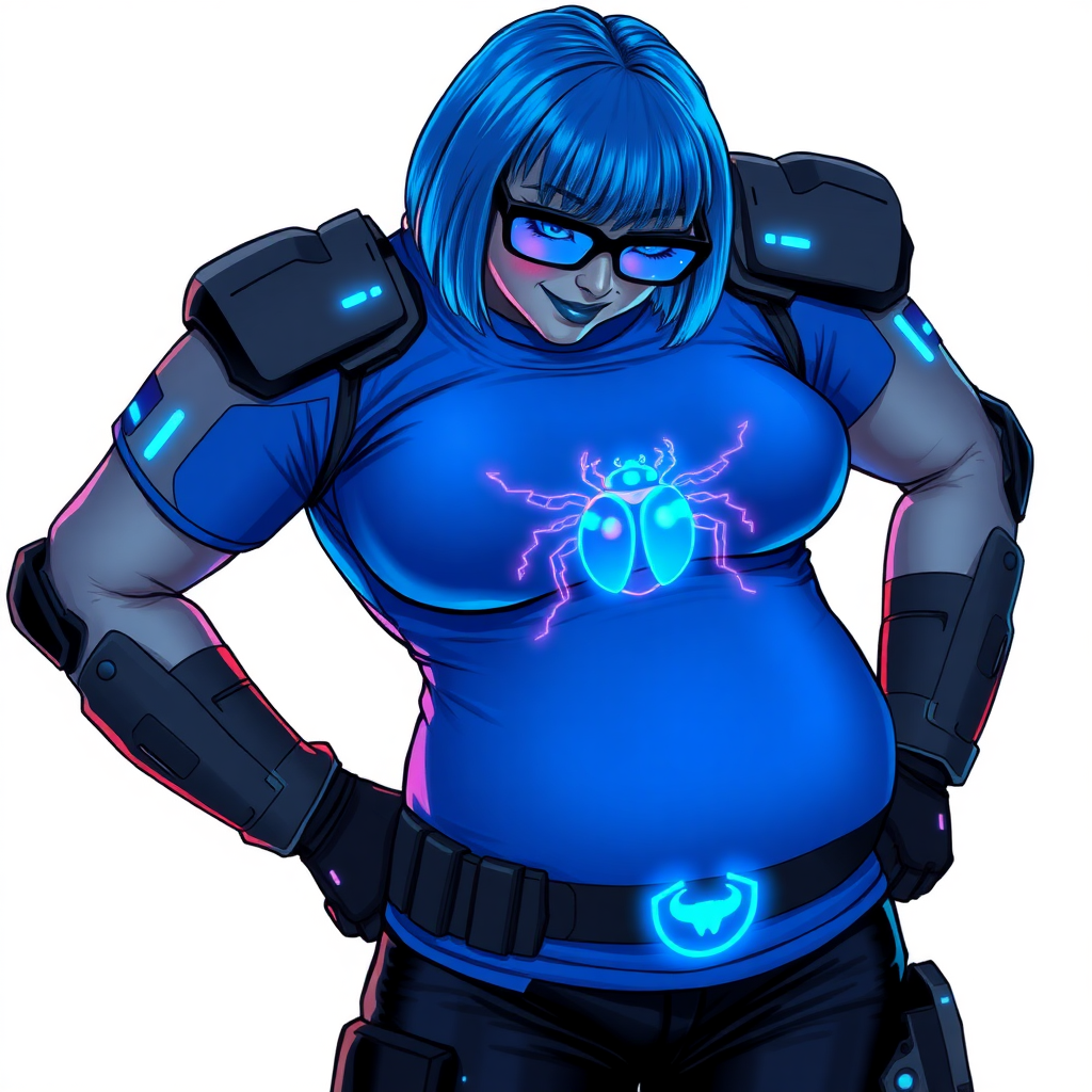 A 28-year-old, full-figured, metallic middle gray skinned cyberpunk computer program hybrid with a short maximum blue bob cut. She has a non-athletic build, highlighted by a prominent, round midsection (with a focus on her round belly). As a digital sidekick to her cyberpunk vigilante boyfriend, her middle gray metallic skin and maximum blue lipstick emphasize her digital nature. She wears a digital, computerized, costume consisting of a huge, tight-fitting, neon blue glowing, digital armored, maximum blue t-shirt (accentuating her round belly) with a neon blue glowing chest icon of a beetle, black digital pants, a black belt with a neon blue glowing digital beetle buckle, and black hi-tech gloves. Her bright blue eyes, black eyeglasses with lenses glowing bright neon blue, and shy smile with neon red blush accentuate her nerdiness. She bashfully bows her head (while still facing the screen) with her hands behind her back, her t-shirt covers her midsection (especially her belly) and emphasizing her full-figured, non-athletic physique. She is on a solid white background. She is drawn as if she was in a retro 2D cyberpunk fighting game. She is clearly non-athletic, with a focus on her full figure. Make sure her costume covers all of her bare skin (especially her round belly).