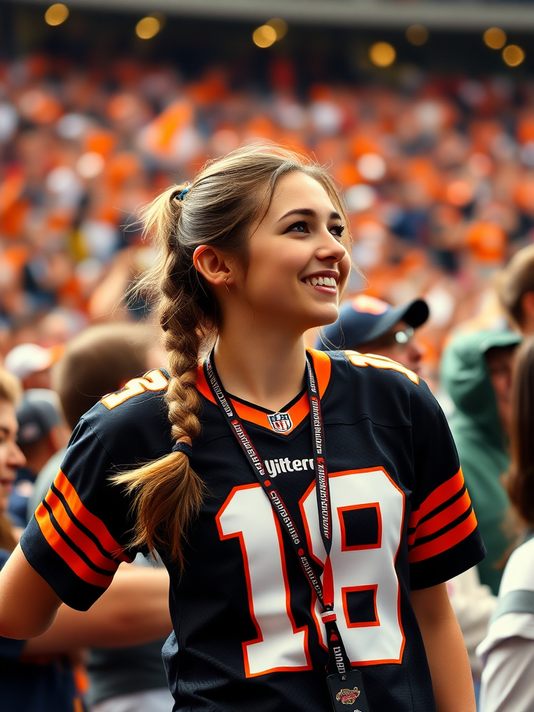 Hot female NFL fan, pigtail hair, jersey, cheering, inside the crowd