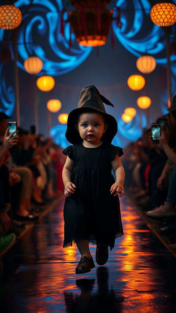 Create an eerie yet captivating scene featuring a small, 7-month-old chubby child-like witch with pink lips, pink cheeks, and fair color walking confidently down a dark runway, surrounded by spectators. The witch wears a black dress, a black long cap, and has a black tattoo on her face. Her face has exaggerated, creepy makeup with thick red lips.

The background features swirling, abstract light patterns in blue, orange, and yellow hues, creating a surreal and unsettling atmosphere. The audience, dimly lit on either side, holds up their phones and cameras to capture the moment, but their faces are mostly obscured in the shadow, adding to the mysterious mood. Overhead, several more colorful lights and hanging decorations give a circus-like vibe, but the overall tone is more eerie than playful. The ground is wet, reflecting the lights above, creating a sense of depth and texture, adding to the haunting atmosphere.