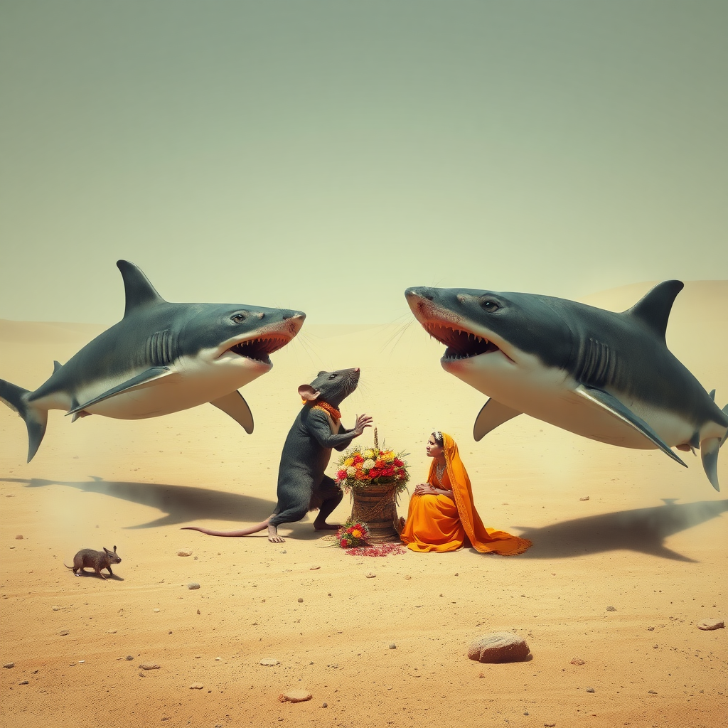 A rat wedding being attacked by hammerhead sharks, no text, Lovecraftian, in India, in desert