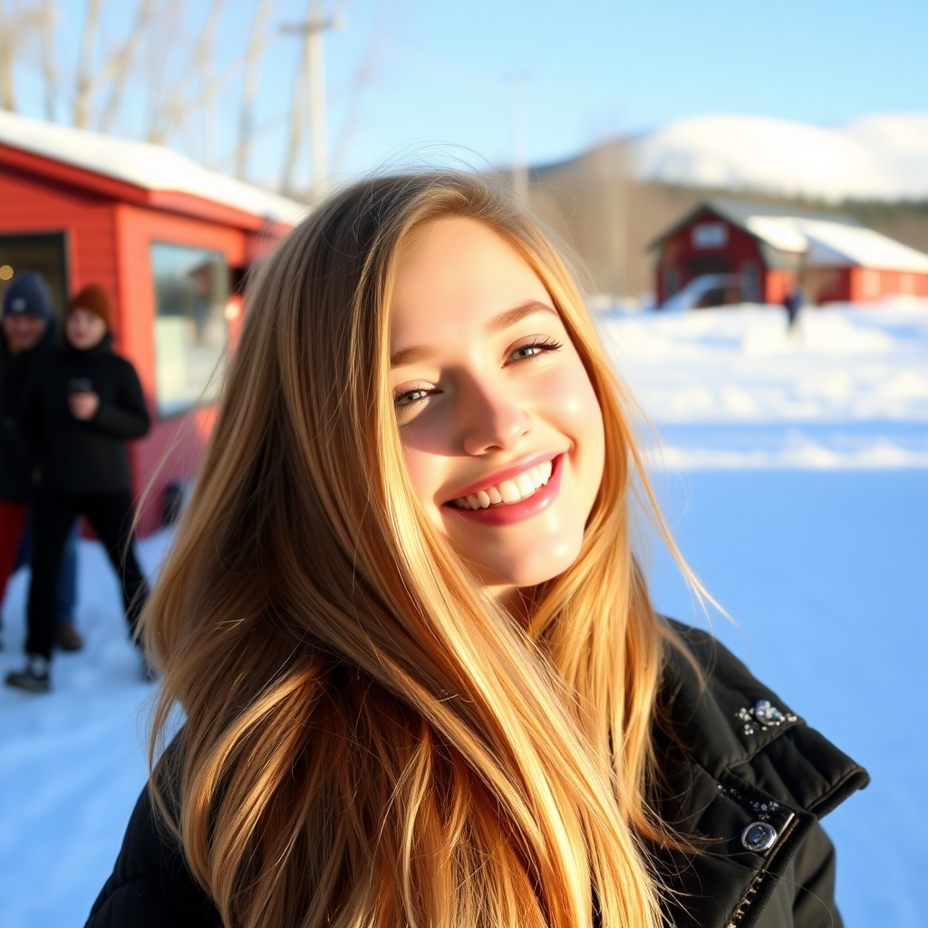 beautiful young woman with lush cherry blonde long hair, full lips, on Alaska Anchorage happy in sunny snow