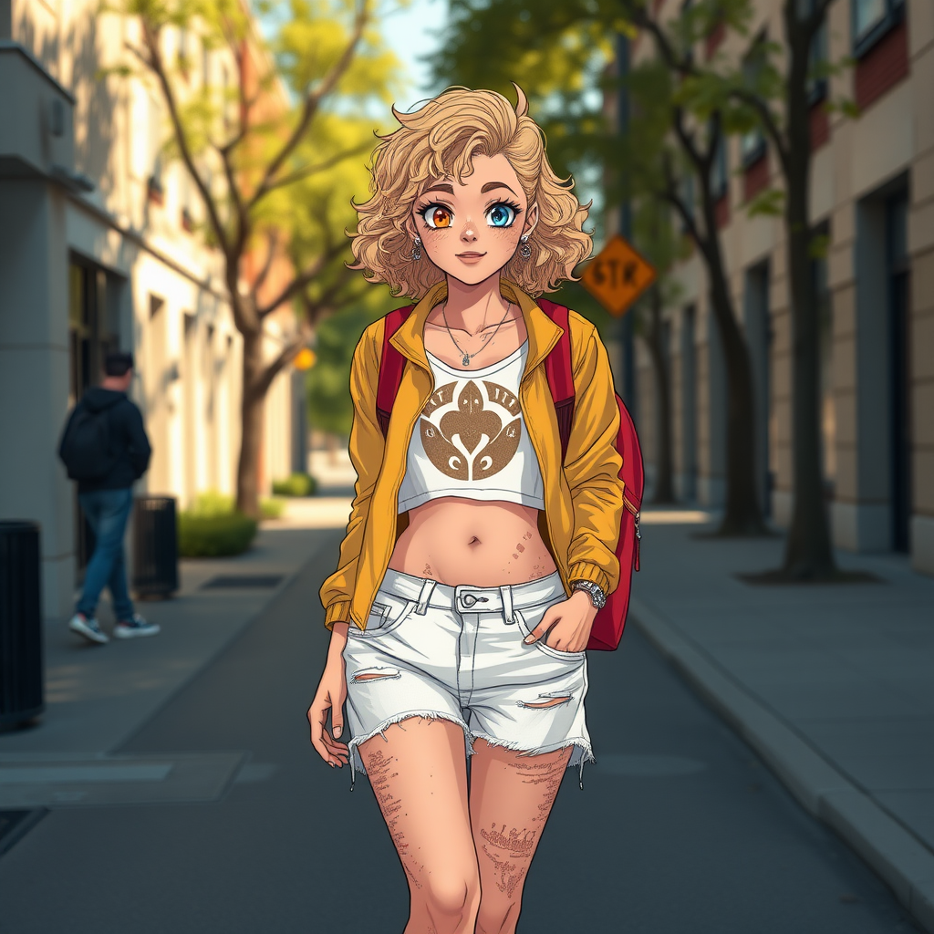 Ultra Realistic taken photo style image, Extremely good quality 8k resolution drawn manga image of a 15 year old petite and short tomboy girl with golden blonde curly hair with mixed and different colored eyes for each eye and moles on her entire body and is a white American girl, Has on a Gold Jacket over a white extremely short crop top only covering her breasts and nothing more with a design on it, and has on ripped shorts and cool looking sneakers with a deep and big injury scar on her stomach with a bright color backpack, ear piercings on, walking on the street to school in the morning with the beautiful sunlight lighting up her body beautifully.