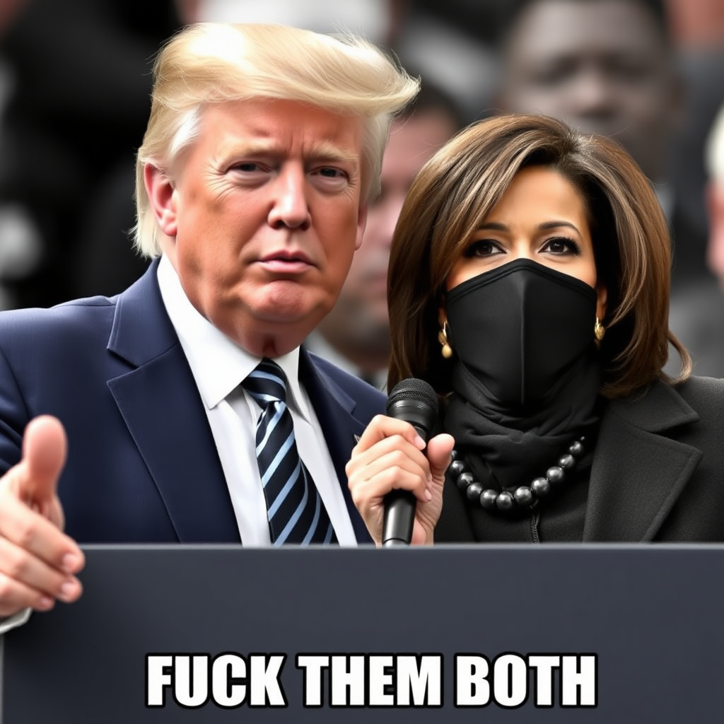 donald trump and kamala harris with caption fuck them both