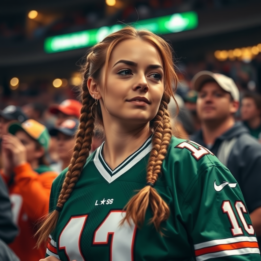 Female NFL fan, hot, pigtail hair, jersey, cheering, staring from a TV camera perspective, inside crowd