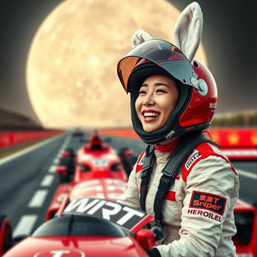 On the racetrack, there is a red racing car with "WRT" written on it. A beautiful Chinese female racer, wearing a full racing helmet with the visor lifted, is laughing. On her helmet, there are white rabbit ears standing up. The background features an enormous moon, with visible craters.