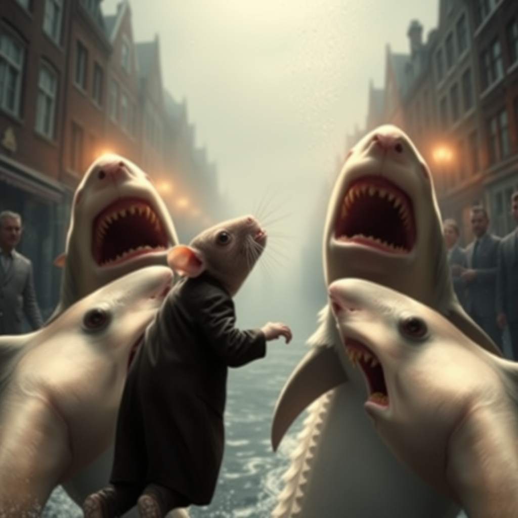 A rat wedding being attacked by hammerhead sharks, no text, Lovecraftian, sci-fi, in Amsterdam