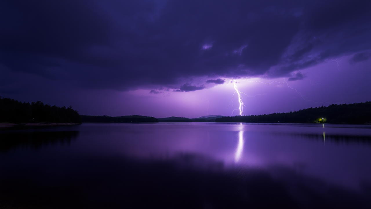 photo, lakes, purple sky, lightning