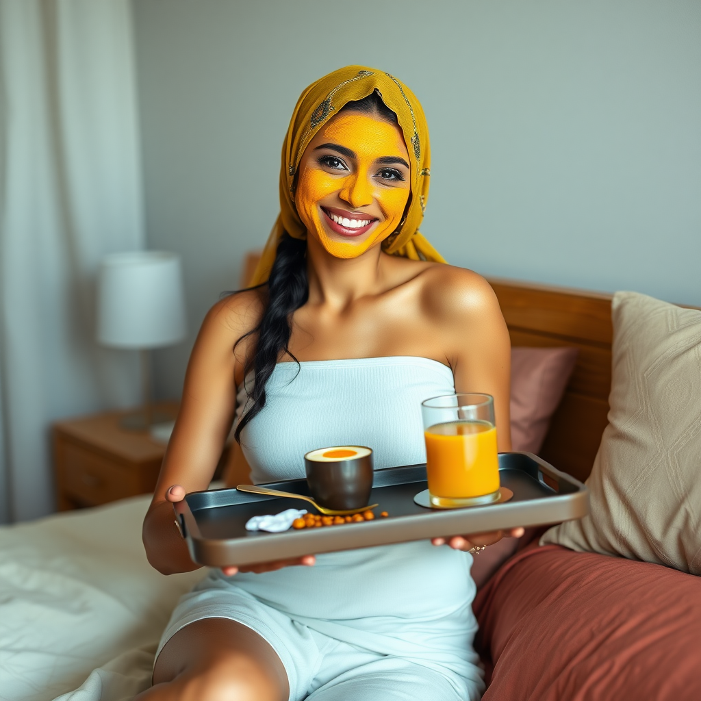 slim, 30 year old, sexy, indian wife, scarf head, turmeric face mask. She is smiling and serving breakfast on a tray on bedside table