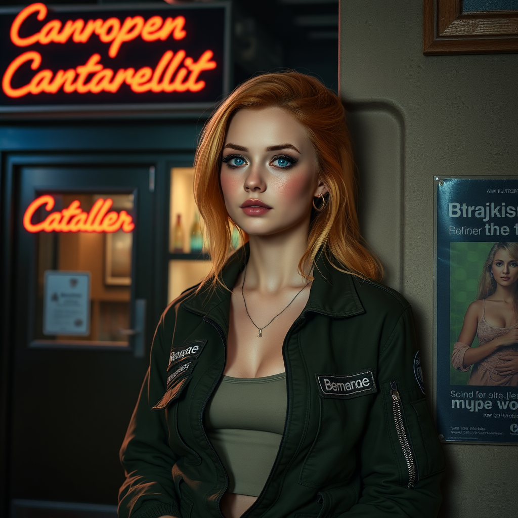 A twenty-something girl resembling Ana de Armas, strawberry blonde hair, small chest, pale skin, freckles, eyeshadow like Avril Lavigne. Wearing a military flightsuit with "Benaenae" on the pocket, tank top underneath. Leaning against the wall in front of a bar in a science fiction city. Neon sign with the words "Canopean Catcaller" above the door. Advertisement for something called "Brajkaisop".