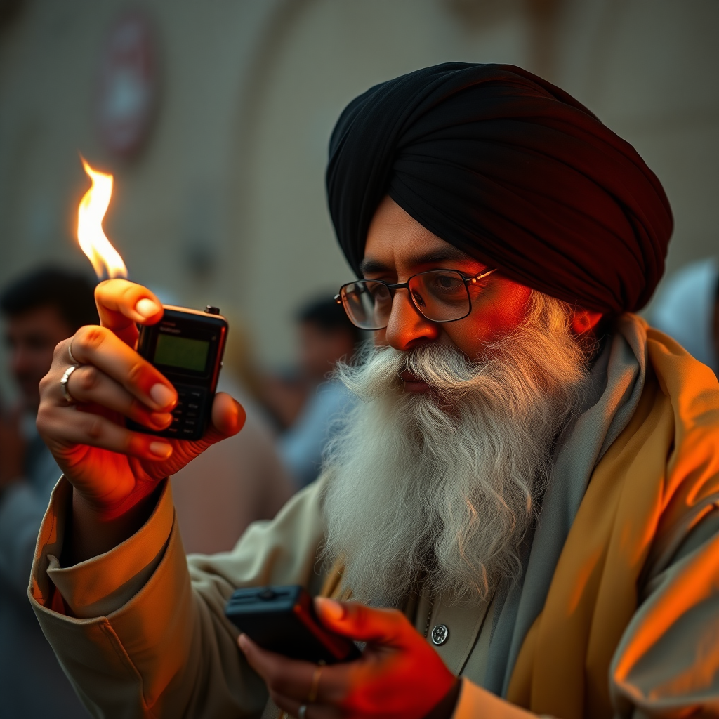 Someone religious Islamic guy wearing a turban holds a burning beeper pager.