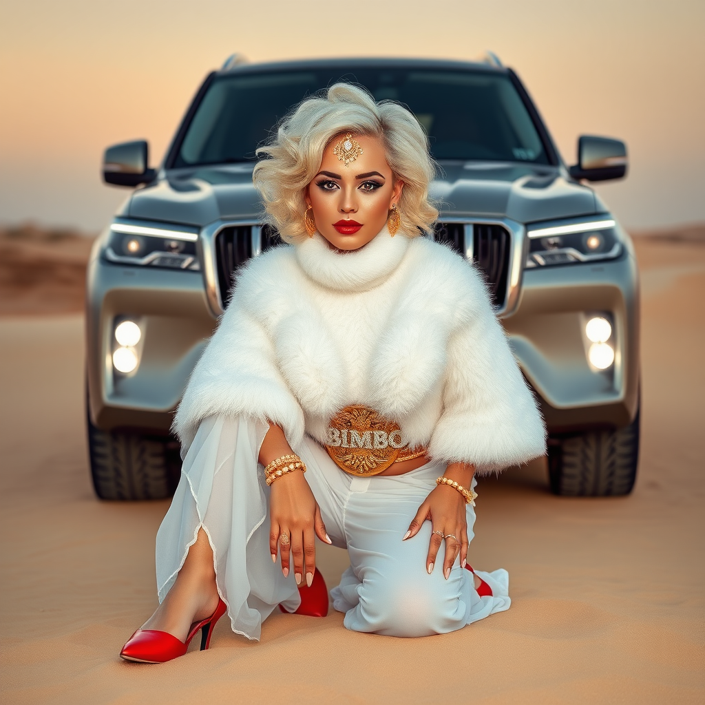 Kuwait desert dunes misty dawn, full size luxury SUV: Melissa, European 17 years old very convincing femboy “trophy-bimbo”, tamed servile docile, very beautiful feminine flawless face, rather short, by hormones very curvaceous womanly figured, platinum blond short tight curls, bold red lips, long white French nails, heavily made-up face, wearing Supertanya-style fluffy very fuzzy bright white angora turtleneck-poncho cropped ending under bust decorated with pearls and glass stones, striking oriental wide gold bridal protection belt, white fully transparent harem pants, bright red pumps with golden very high heels, full Oriental bridal jewelry including headpiece, nose-ring, coin wristlets, coin anklets, striking diamond “Bimbo” letter brooch on left chest, thick heavy pearl wristlets, pearl anklets, pout frustrated, kneeling in sand in front of SUV, looking at camera. Focus on face and turtleneck-poncho.