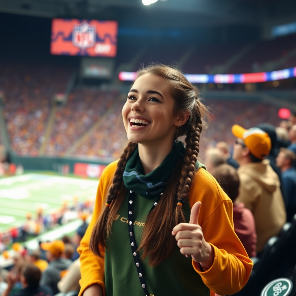 Attractive female NFL fan, pigtail hair, cheering, at crowded stadium bleacher row