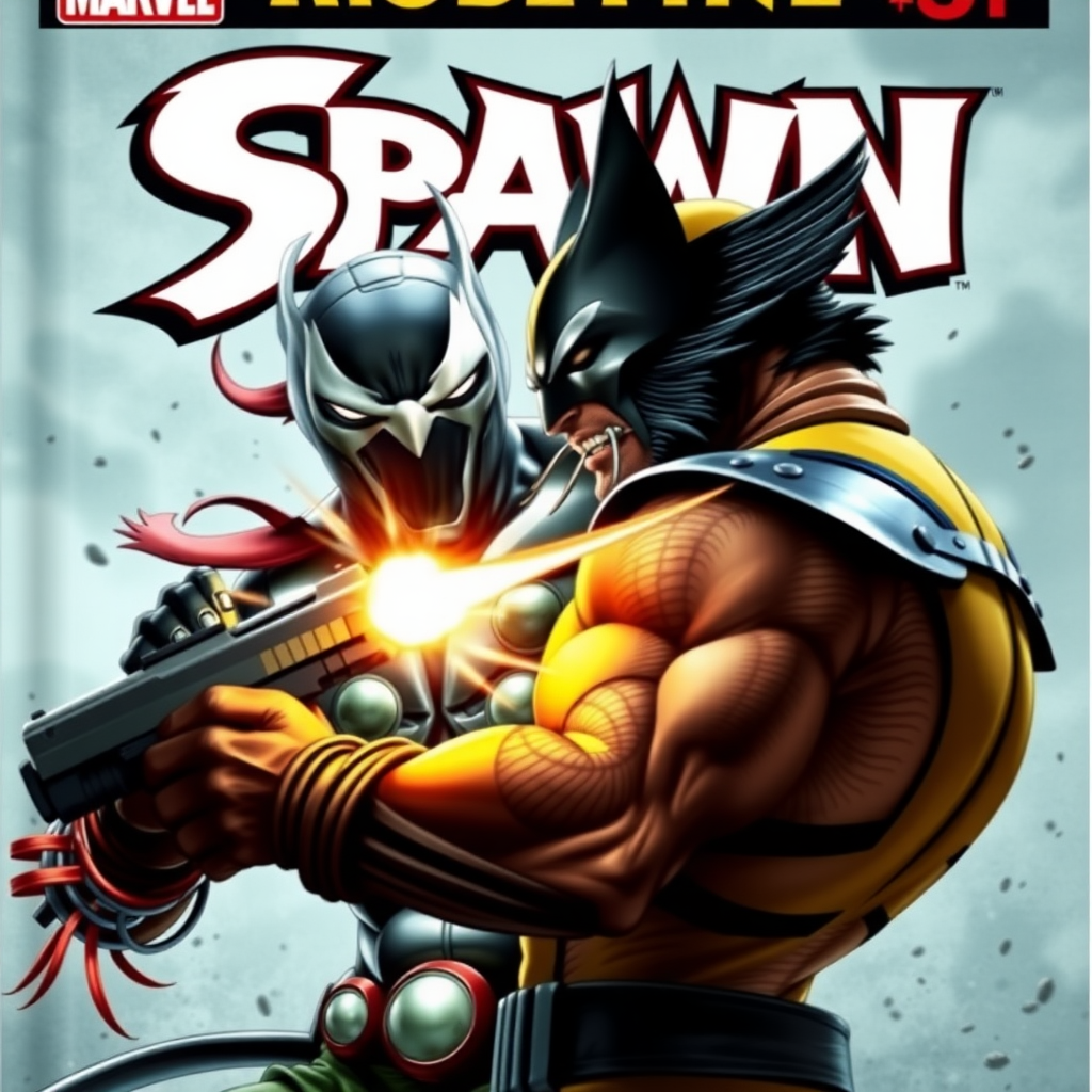 On a comic book cover is Spawn holding a gun vs. Wolverine in cinematic real 3D photo-realistic quality.