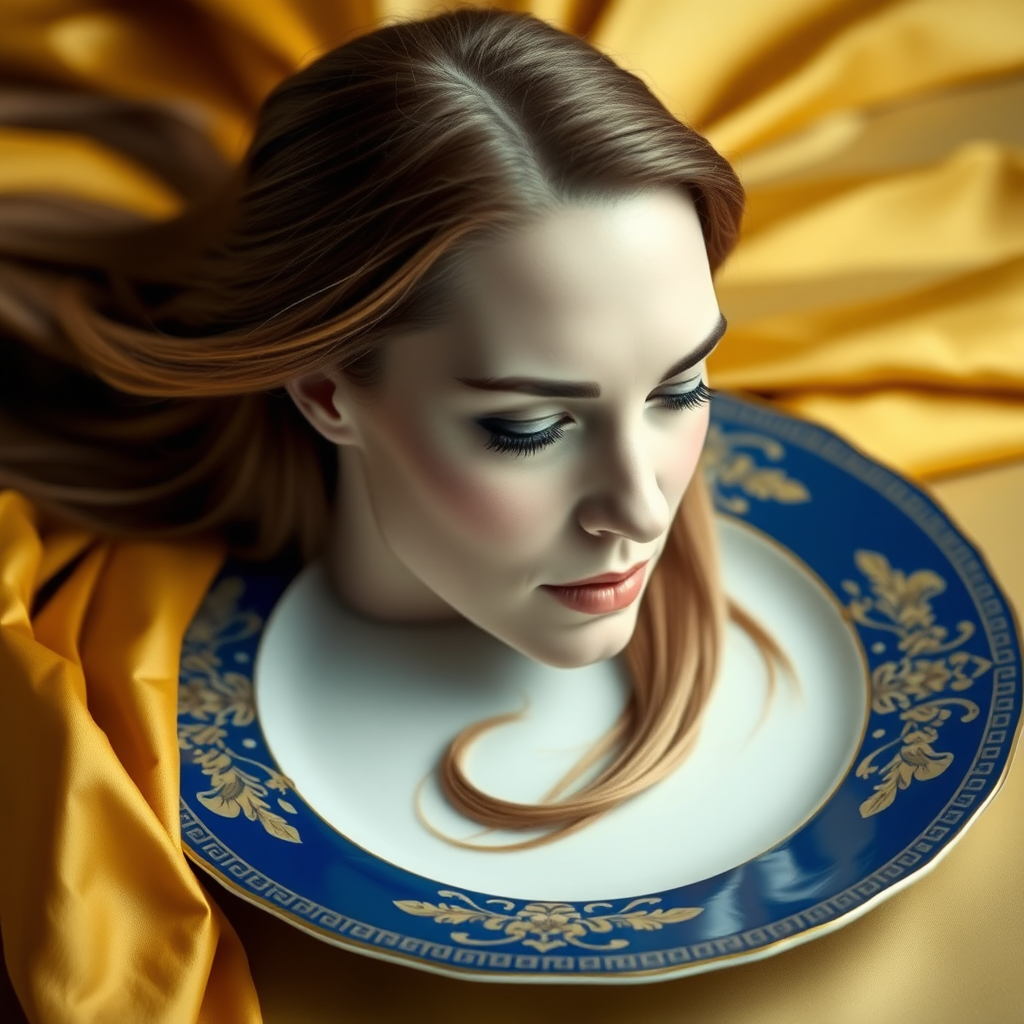 In a bizarre and captivating tableau, a surreal image unfolds: the elegantly poised, disembodied head of Kate Middleton, her features exquisitely refined, rests regally on an ornate porcelain plate. Her long, flowing hair cascades gracefully around the edges of the plate, reminiscent of golden silk streaming through the air. The striking contrast of her porcelain skin against the deep, rich hues of the plate—a royal blue adorned with intricate gold patterns—creates an unsettling yet alluring visual.