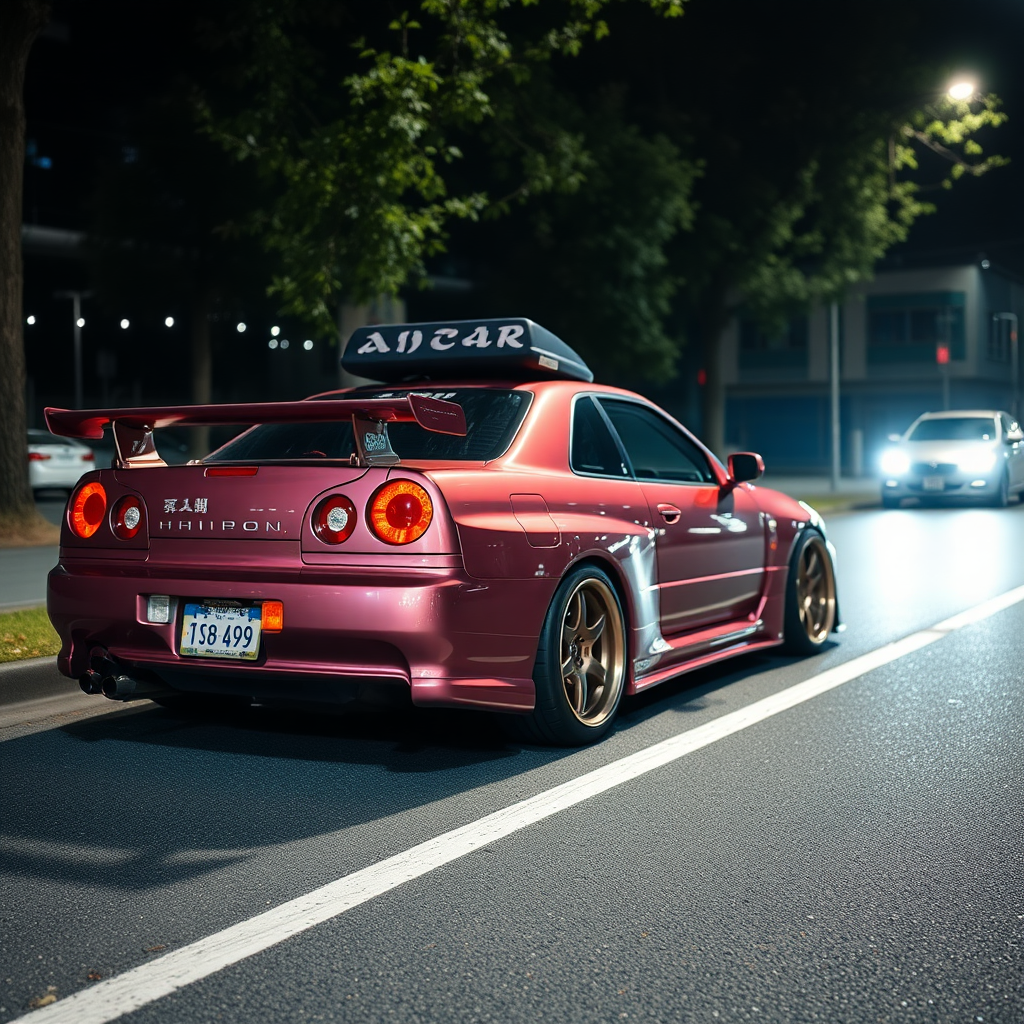 the car is parked on the side of the road, inspired by Taiyō Matsumoto, tumblr, restomod, nd4, c4 metallic shine nissan skyline r34