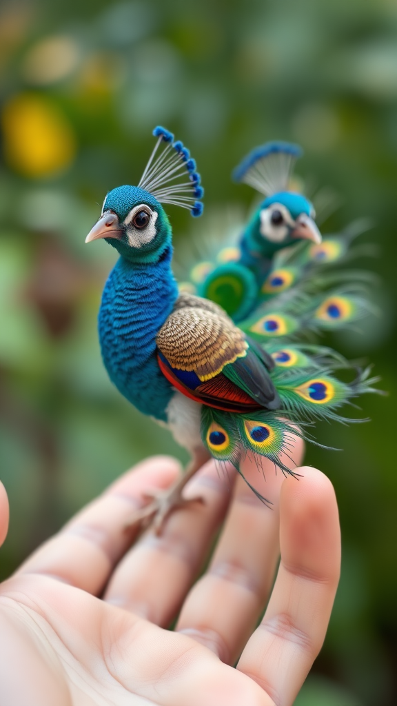 A small tiny cute chubby big eyes big perfect tail real colorful dancing peacock with tail on hand