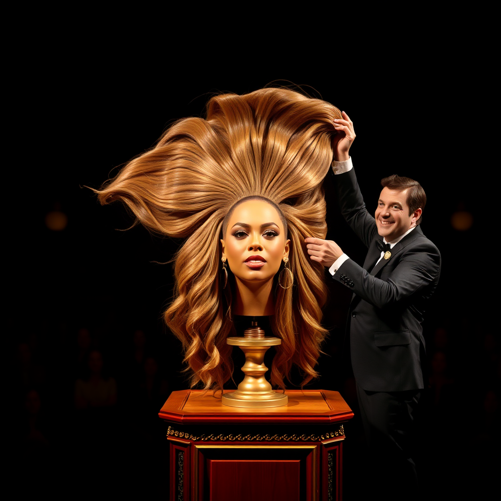 In a dimly lit theater, the atmosphere crackles with anticipation, the audience's murmurs a blend of curiosity and skepticism. On a grand, elegantly adorned display stand sits the disembodied head of the enchanting Beyoncé, her radiant skin glistening under the soft, warm glow of the spotlight. Her striking features are perfectly framed by cascading locks of lustrous, very long hair that shimmer with hues of light brown and hints of rich mahogany, reminiscent of polished silk.

Standing beside her is the magician, a charismatic figure in a sharp, tailored suit that glints with sequins in the light. With theatrical flair, he holds her voluminous hair aloft, fingers splayed wide, deftly spreading it out like a shimmering waterfall, mesmerising the audience. The hair flows like liquid night, each strand capturing the light as it falls gracefully to the ground, creating a stunning, almost surreal contrast against the stark wooden stage.

The magician’s face is lit with a confident smile, his eyes sparkling with the thrill of the performance, as he engages the audience with playful banter. Their gasps and laughter echo throughout the room, a symphony of wonder and disbelief. The scent of polished wood and fresh popcorn wafts through the air, mingling with the underlying electricity of the moment. Time seems to stand still as the audience leans in, captivated by the spectacle, a seamless blend of illusion and artistry that promises to defy reason and ignite imagination.