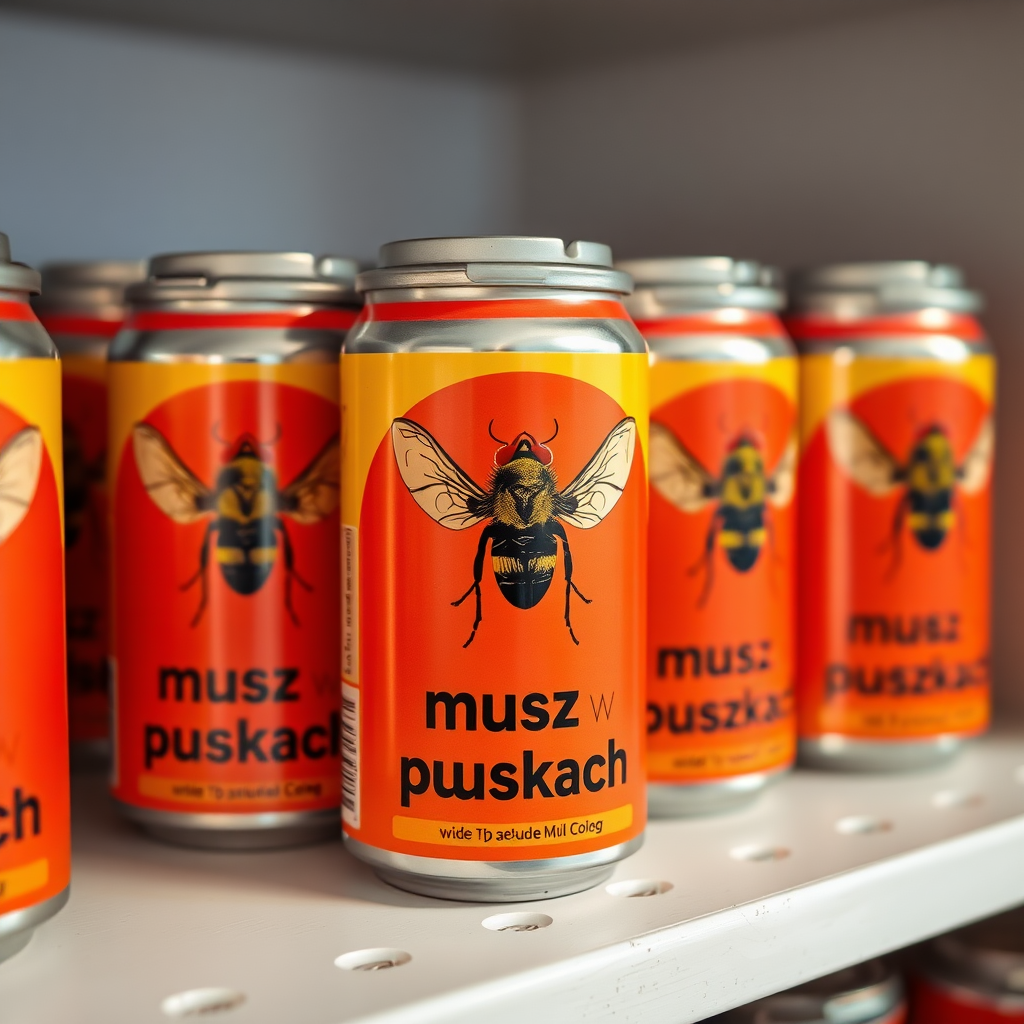 a small shelf with cans that have an image of home fly on the label and text saying "musz w puszkach"