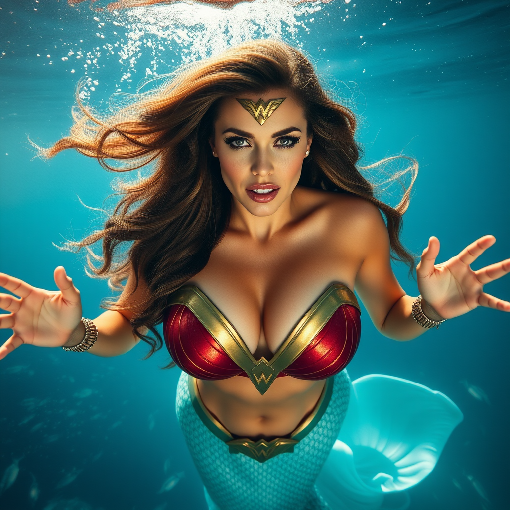 Sofia Vergara as a mermaid, her unusually huge as 50000% teardrop shaped décolletage overflowing her loose bodice as she swims doWonder Woman as a mermaid, her unusually huge as 500% teardrop shaped décolletage as 500% overflowing her loose and ripped bodice as she swims down underwater directly towards the viewer. She maintains intense eye contact. Her long hair floats like a nimbus cloud. Her arms are reaching out towards you shoulders flared. She is deep under the sea surrounded by aquatic life. It is a highly detailed DSLR Photograph.wn underwater directly towards the viewer. She maintains intense eye contact. Her long hair floats like a nimbus cloud. Her arms are reaching out towards you shoulders flared. She is deep under the sea surrounded by aquatic life. It is a highly detailed DSLR Photograph.