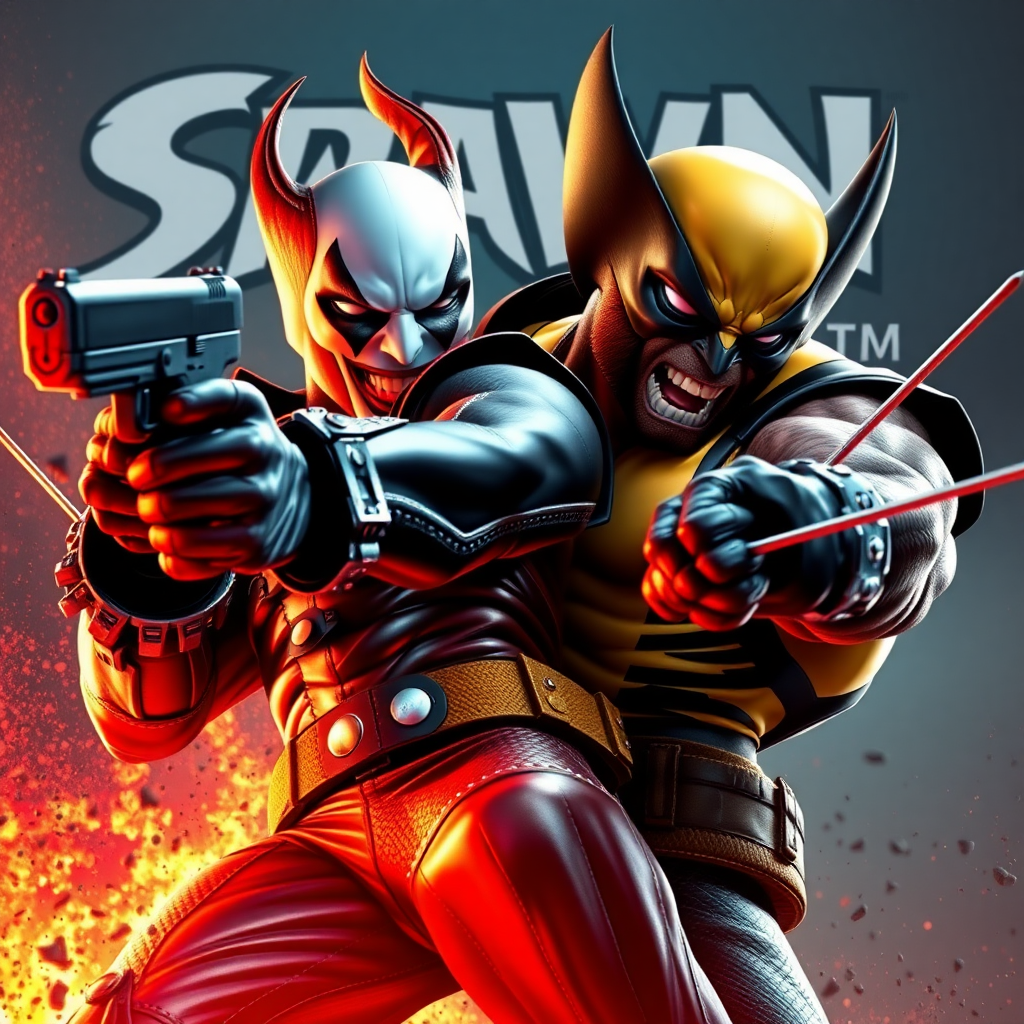 On a comic book cover is Spawn holding a gun Vs Wolverine in Cinematic Real3d photo-realistic quality.