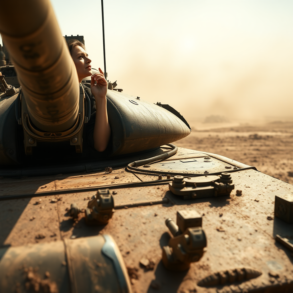 Create a photorealistic, cinematic wide shot of a woman in her mid-30s, wearing a camouflage tank top, standing as the commander of a Leopard 2 tank. She is partially out of the open turret hatch, gripping it with one hand, looking focused into the distance. The tank, detailed with realistic textures of metal and dust, is positioned in a sunlit, dusty battlefield. The camera angle is wide and low, capturing both her and the imposing tank in a dramatic, action-focused composition. The background shows barren, dusty terrain, with natural lighting and shadows adding depth.