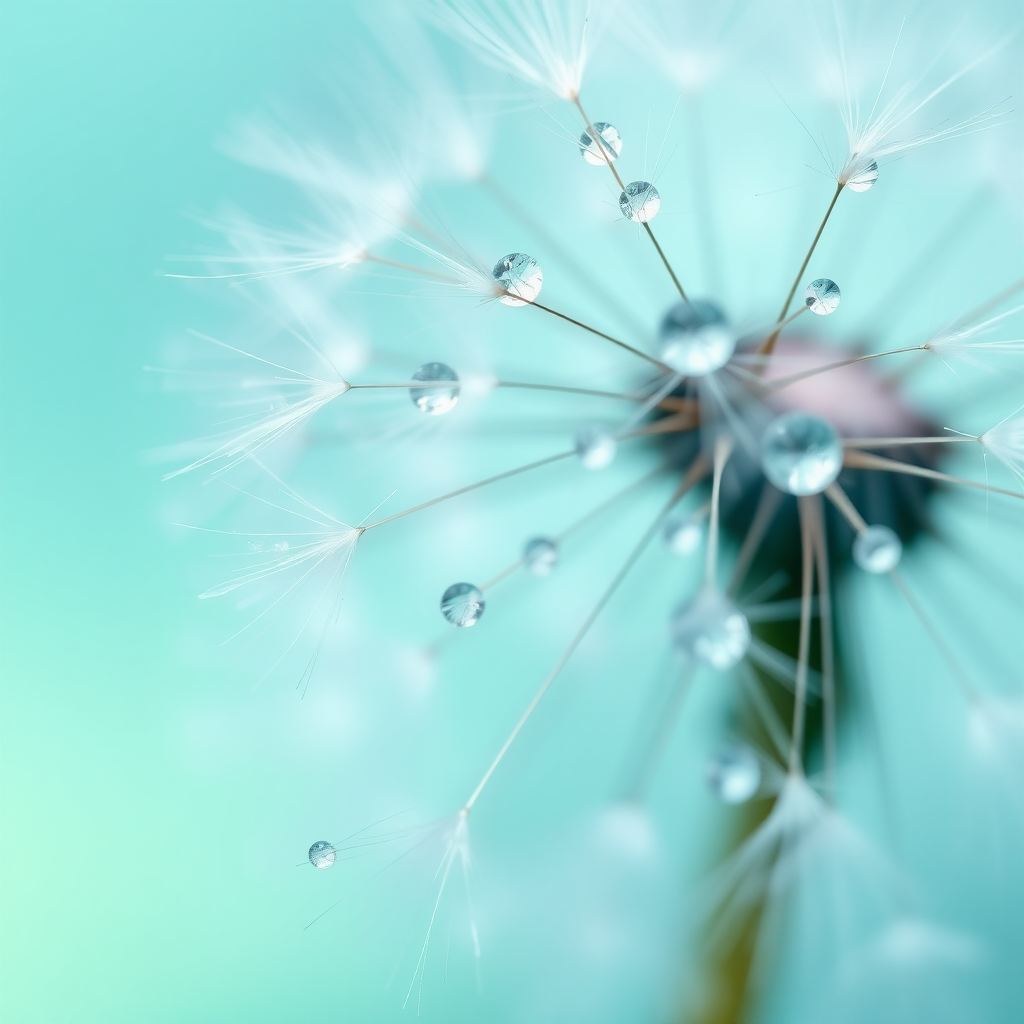 macro shot of delicate dandelion seeds adorned with glistening water droplets, set against a soft, gradient background transitioning from turquoise to light green. the composition highlights the intricate details of the translucent seeds, capturing the vibrant sparkle of the droplets, creating a dreamy and ethereal atmosphere. use hyperrealistic style to emphasize the textures and reflections, with a focus on the subtle contrasts in light and shadow, evoking a sense of tranquility and natural beauty.