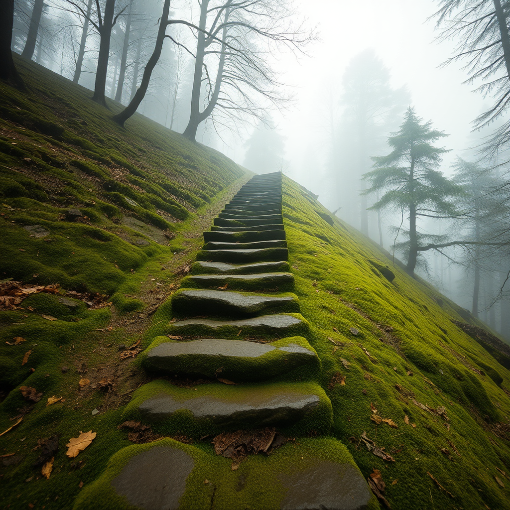 stepping stones leading up a hill that is overgrown in moss, trees, mist, raw photo, realistic, wide shot, photorealistic