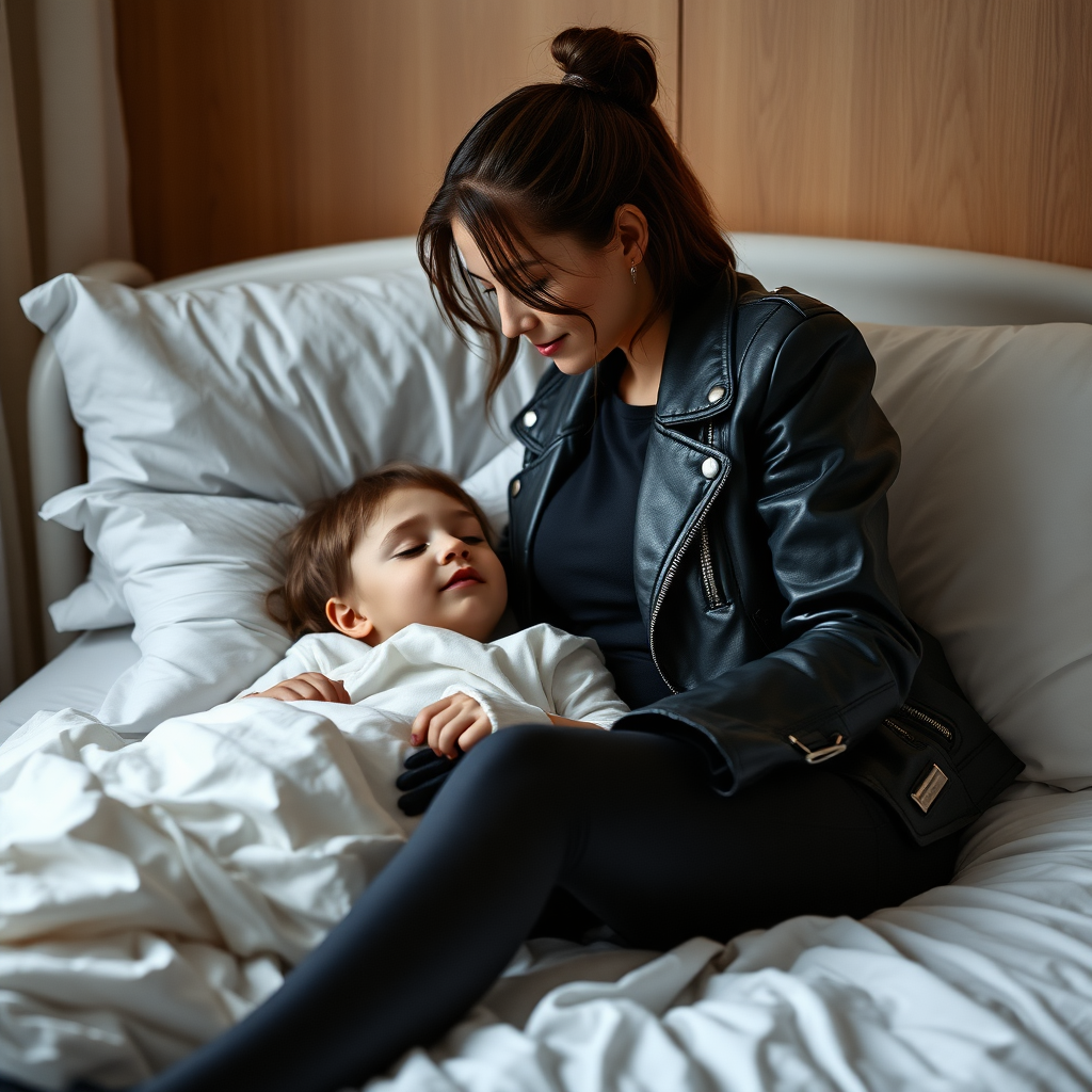 A beautiful bad girl in a black leather jacket over a black t-shirt with black pants and gloves visits her sick little daughter lying in bed.